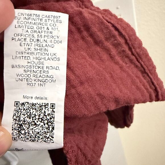 SHEIN Cotton Gauze Peasant Blouse L – Textured Boho Top, Rust Brown, Long Sleeve - Picture 5 of 8